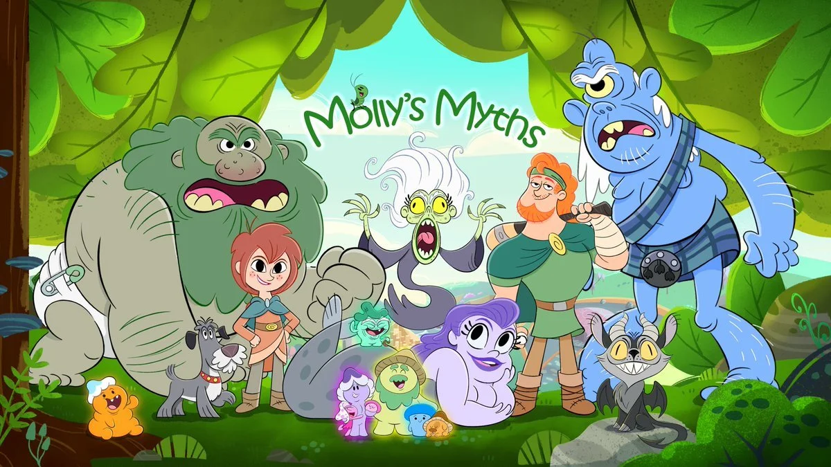 Animated scene of various mythical creatures and humans in a forest with green leaves overhead, labeled 'Molly's Myths.'