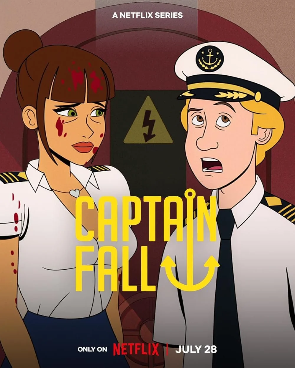 Animated promotional poster for Netflix series 'Captain Fall' showing two characters in naval uniforms with the series title and release date.