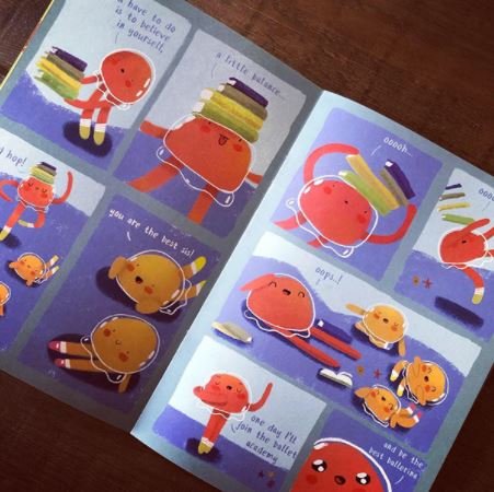 Open children's book featuring colorful cartoon food characters, including a smiling orange, a lemon, a glass of water, and other fruit with arms and eyes, set against a pastel background.