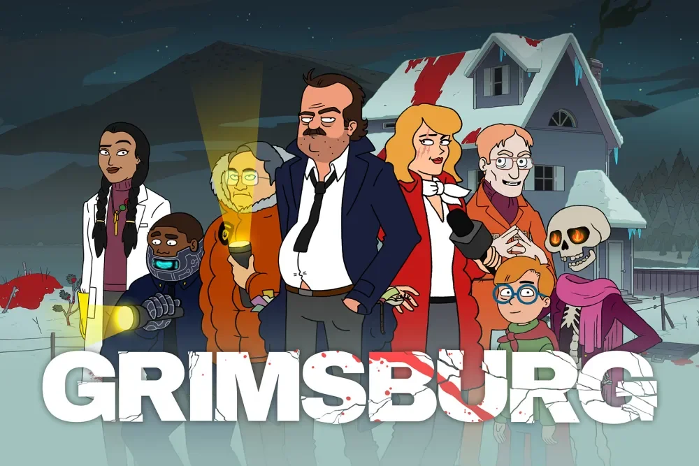 Animated characters from the show Grimsburg standing in a snowy landscape at night, with a haunted house and mountains in the background