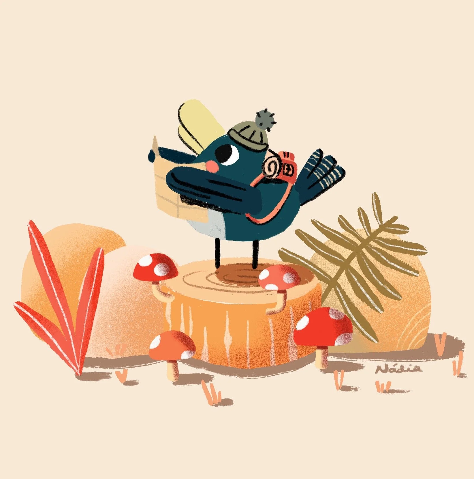 Cute blue bird with sleeping eyes, wearing a gray beanie with a pom-pom, carrying a rolled-up map on its back, standing on a tree stump, surrounded by mushrooms and autumn leaves, with a beige background.