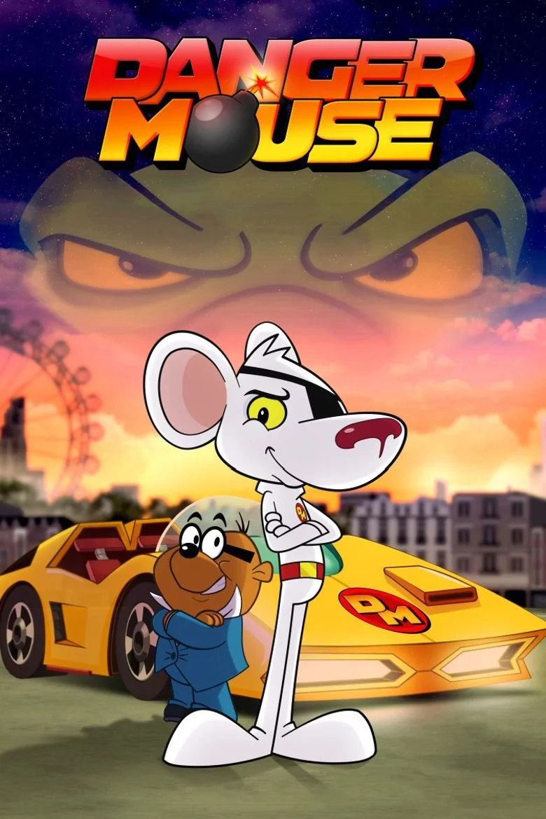 Image from the game 'Danger Mouse' featuring anthropomorphic characters, a yellow sports car, a Ferris wheel, and a background of city buildings and a sunset with a large, angry face.