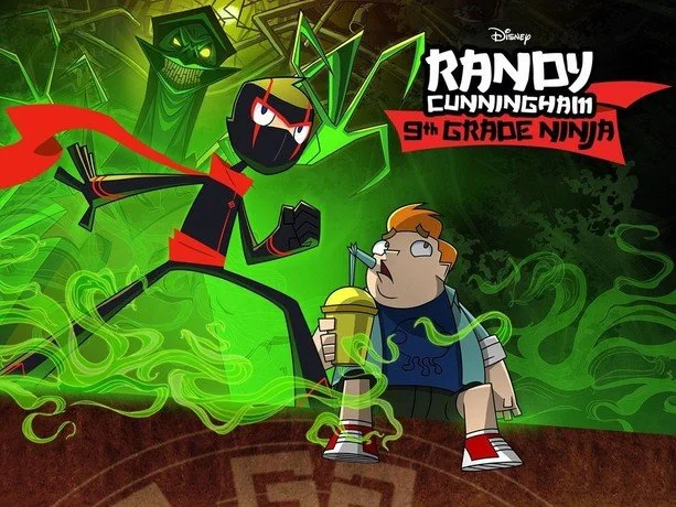 Animated cartoon image of two boys, one dressed as a ninja and the other one drinking a large soda, with green smoke and ghosts behind them, titled "Randy Cunningham 9th Grade Ninja".