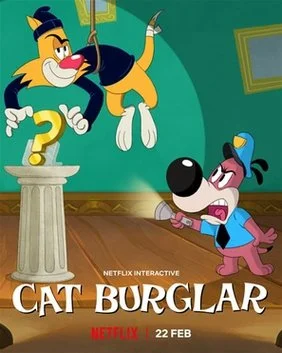 Animated cats and dogs in a scene from "Cat Burglar" showing the cartoon characters in a room with a green wall and wooden floor, with a pillar and a question mark on top.