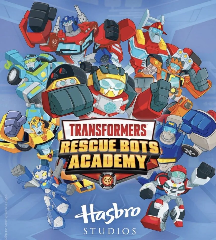 Colorful animated cover featuring various Transformers Rescue Bots characters in action poses, with the title 'Transformers Rescue Bots Academy' and the Hasbro Studios logo.