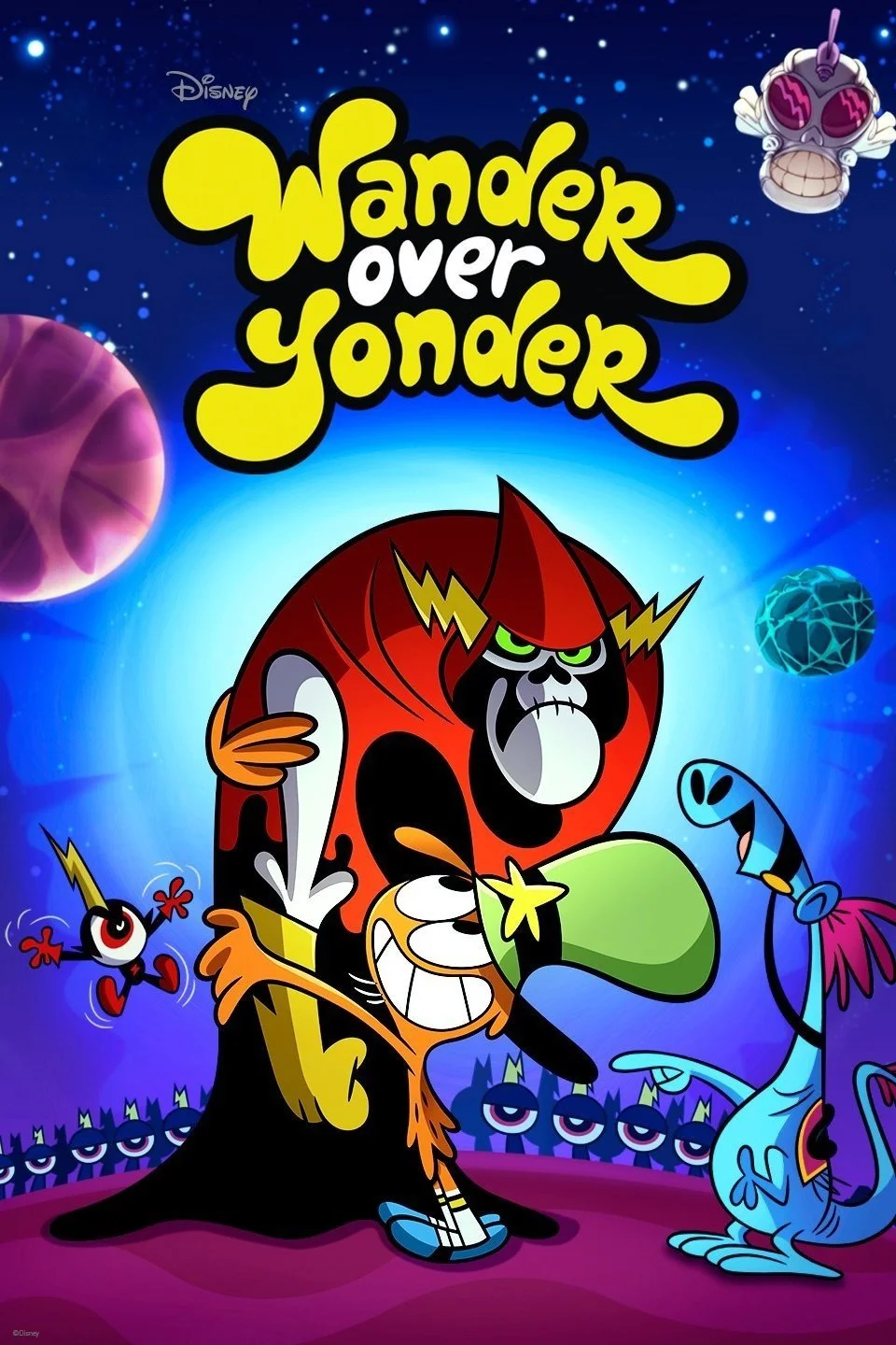 Colorful animated poster for Disney's "Wander Over Yonder" featuring a giant red villain with green eyes, a skeleton face, and horns, along with a smiling yellow dog-like character with a green hat, and a blue alien creature with tentacles, against a