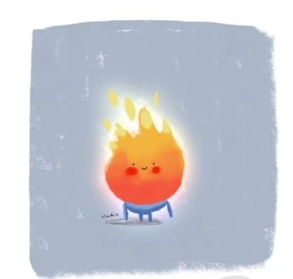A cute animated fire character with a smiling face, small arms and legs, with flames on its head, set against a light blue background.