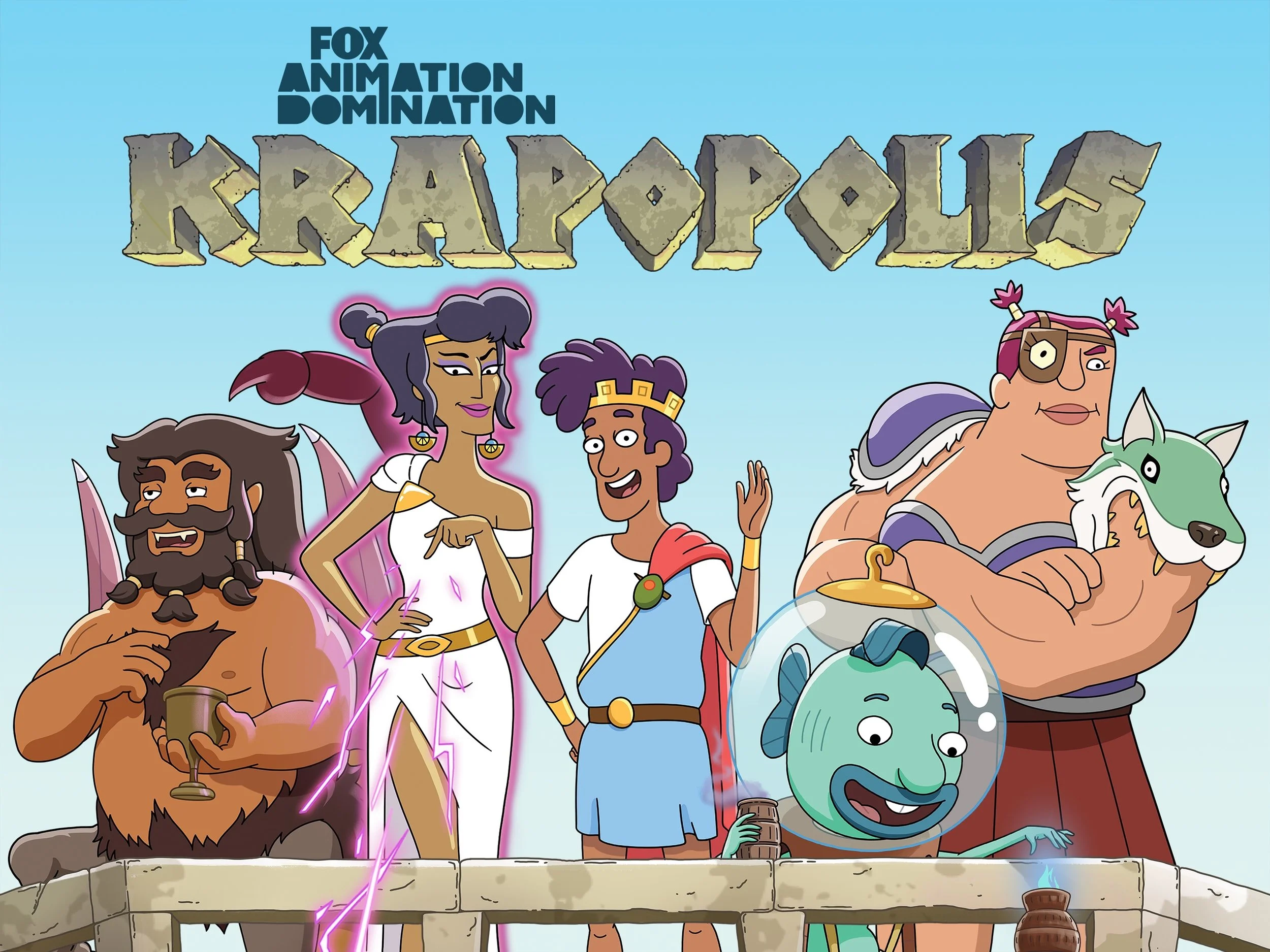 Animated characters dressed as mythical and fantastical creatures standing on a stone platform against a light blue sky. The characters include a lion-man, a goddess, a warrior, and a creature with a unicorn horn, among others.