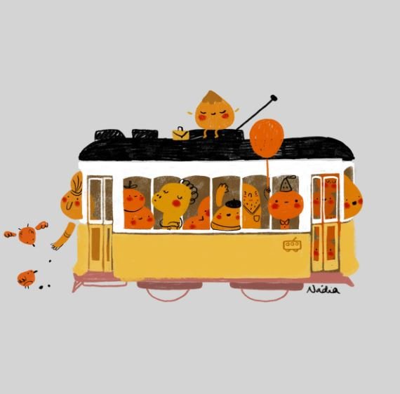 Cute illustration of a yellow trolley car with cartoon foods and anthropomorphic characters riding inside and outside, including a smiling potato-like character with an umbrella, a pastry with a graduation cap, and small orange creatures, set against