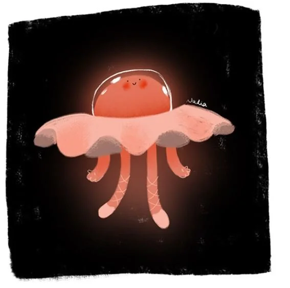 Cute cartoon jellyfish with a smiling face and pink body, set against a dark background.