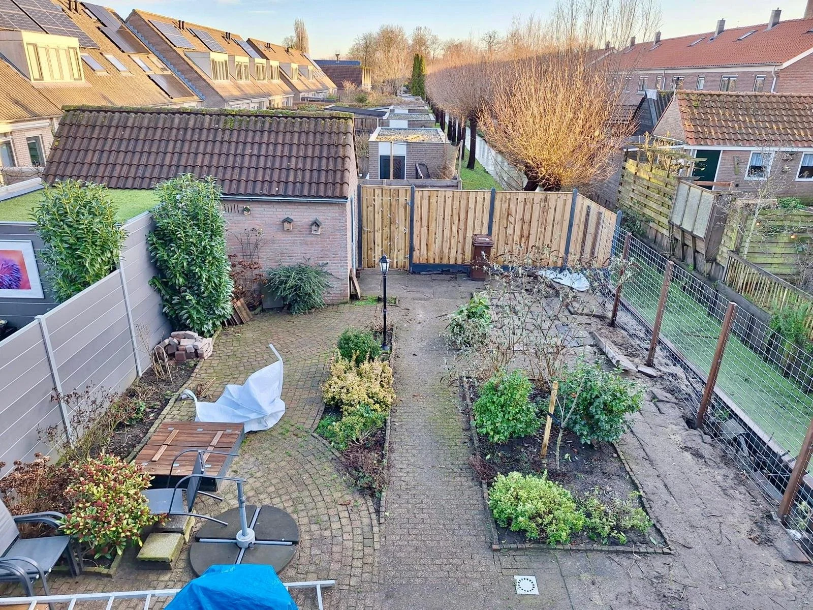 Achtertuin januari 2026: Ontstenen en vergroenen met de nadruk op natuurrijk is de wens van de bewoners.