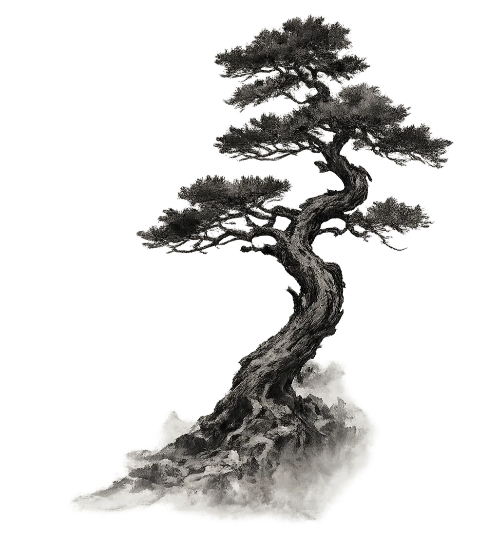 A traditional Japanese painting of a pine tree with a twisting trunk, dark green foliage, and a cloud at its base.