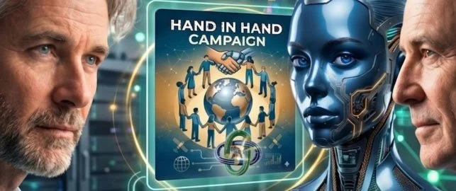 A promotional graphic for a campaign titled 'Hand in Hand Campaign,' featuring a human man's face on the left, a humanoid robot's face on the right, and an illustration of people holding hands around a globe in the center.