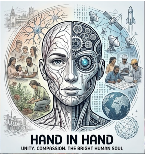 A graphic illustration of a human face with one half showing biological features and the other half showing robotic and technological elements, surrounded by scenes of people collaborating, a globe, satellites, and scientific symbols, with the words 'Hand in Hand' and the phrase 'Unity. Compassion. The Bright Human Soul'.