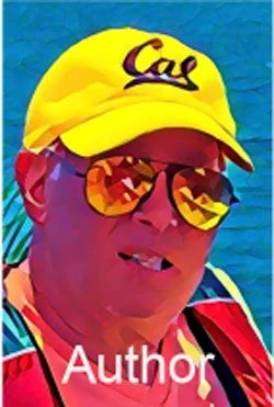 Person wearing a yellow cap with 'Cal' logo and reflective sunglasses, with the word 'Author' below.