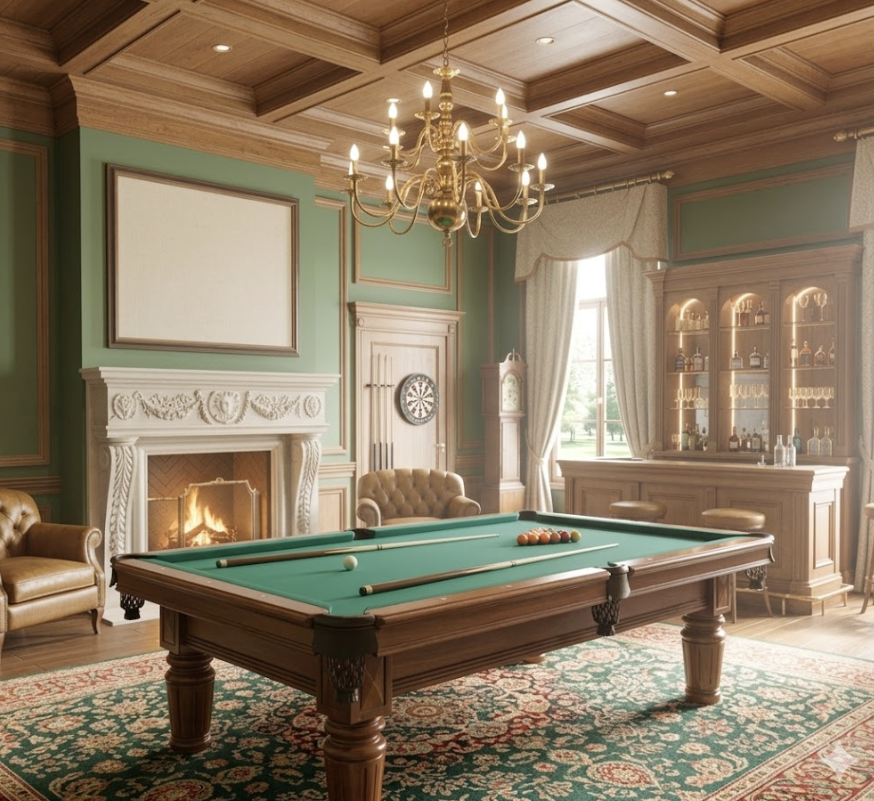 Terra Linda mansion game room with green walls, a billiards table, mahogany bar, marble fireplace, and central chandelier.