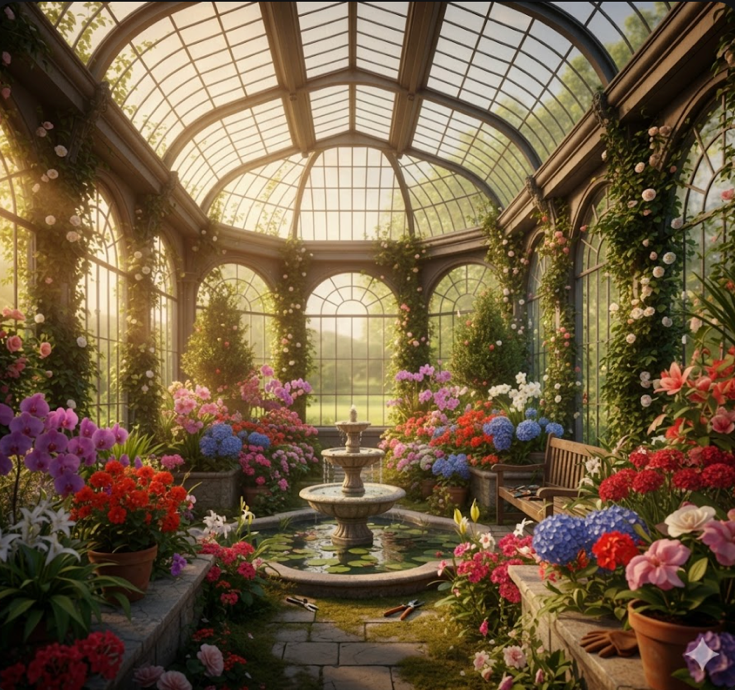 Terra Linda mansion conservatory with a vaulted glass ceiling, lush flowers, and garden seating.