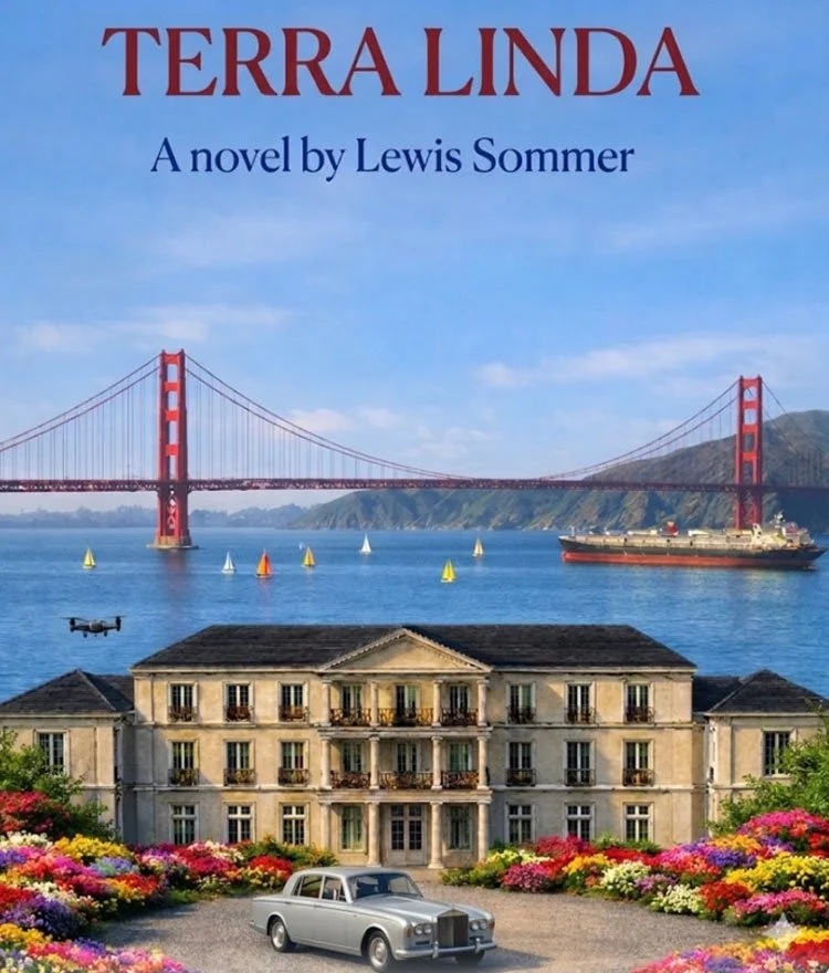 Book cover for 'Terra Linda' by Lewis Sommer featuring a scenic view of the Golden Gate Bridge over the San Francisco Bay, with sailboats, a large ship, a historic mansion, colorful flowers, and a vintage car in front.