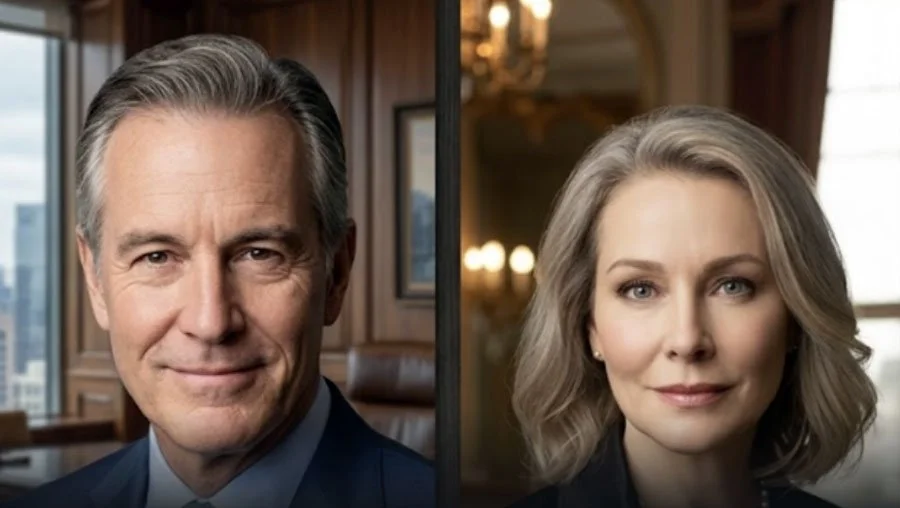 Split-screen photo of a middle-aged man in a suit and a woman with blonde hair in a dark outfit, both smiling in professional settings.