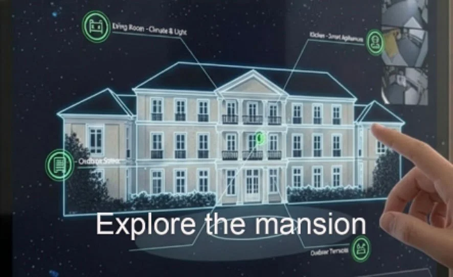 Interactive digital blueprint of a large mansion with labels for rooms and features, including living room, outdoor space, balcony, smart appliances, and outdoor terraces, with a person's finger pointing at the blueprint.