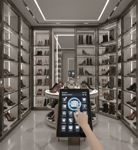 Terra Linda mansion primary bathroom dressing room with illuminated shoe displays, a mirrored central island, and a touchscreen wardrobe control.