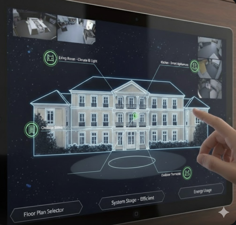 Aegis digital sitemap of the Terra Linda mansion, showing the mansion exterior and room navigation interface.