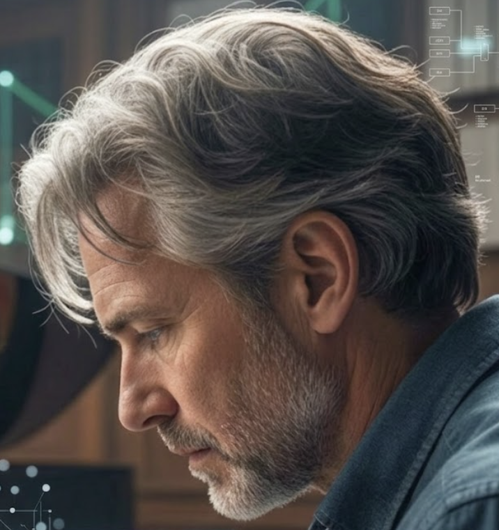 Aaron Solomon - The brilliant Chief Technology Officer (CTO) and architect of the Hand in Hand campaign. Close-up profile of a mature man with gray hair and beard, focused on a screen with digital data and futuristic interface elements in background.