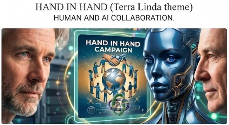 An illustration promoting a human and AI collaboration campaign called 'Hand in Hand' featuring a human man, a humanoid robot, and a display of people holding hands around a globe.