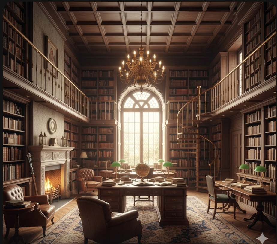 Terra Linda mansion library with floor-to-ceiling bookshelves, a fireplace, and comfortable reading chairs.