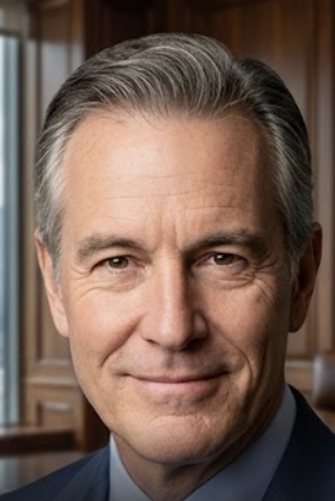 Peter Talmadge - The billionaire tech mogul and master of the estate. Close-up of a middle-aged man with gray hair, smiling, wearing a suit and tie, in an indoor setting with wooden cabinets in the background.