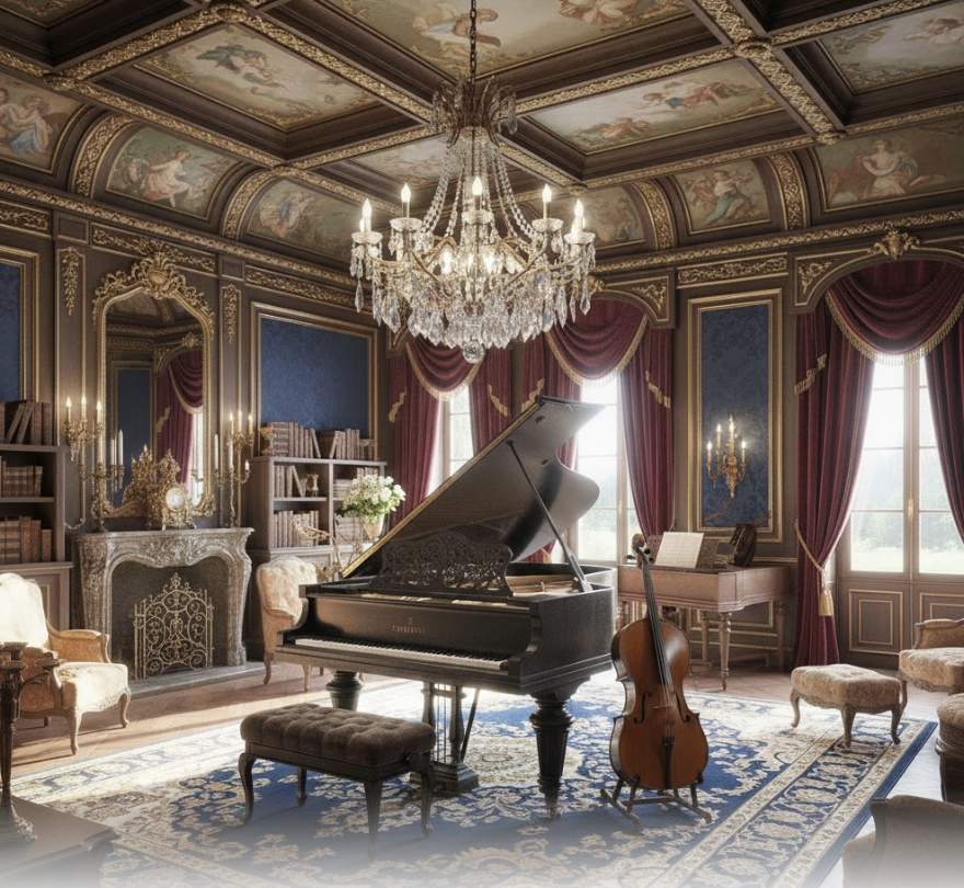 Terra Linda mansion music room with a grand piano, harp, wood-paneled walls, fireplace, and chandelier.