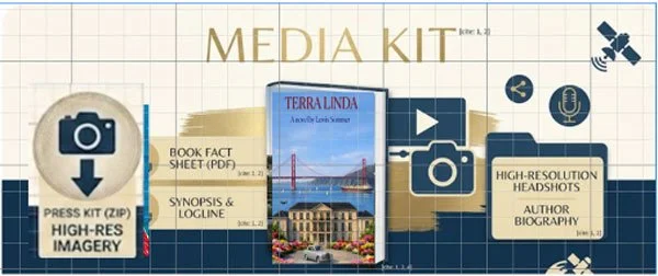 Media kit cover featuring a book titled 'Terra Linda', icons of a camera, microphone, and video play button, and labeled sections for high-resolution imagery, book fact sheet, synopsis, author biography, and headshots.