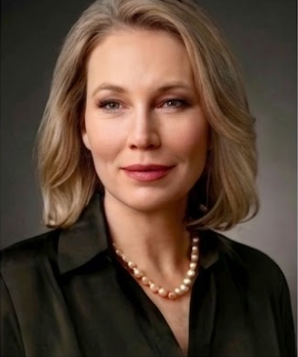 Lauren Talmadge - Peter’s elegant and sophisticated wife. A woman with blonde hair wearing a black shirt and a pearl necklace, looking confidently at the camera against a dark background.
