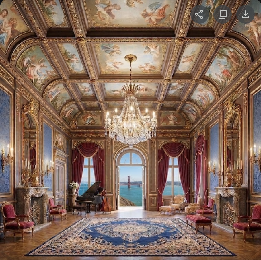 Terra Linda mansion ballroom with a parquet dance floor, grand chandeliers, arched windows, and an ornate stage.