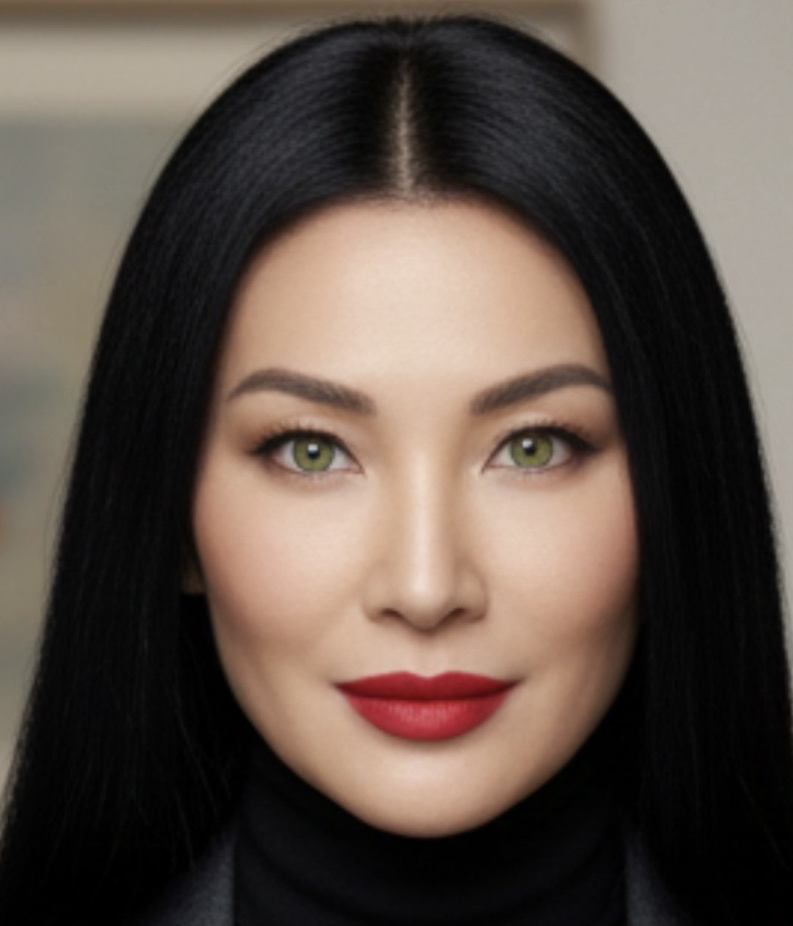A close-up portrait of a woman with long, straight black hair, green eyes, and red lipstick wearing a black turtleneck.