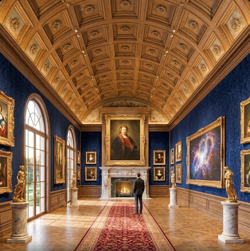 Terra Linda mansion art gallery with a vaulted ceiling, framed paintings, sculptures, and illuminated display pedestals.