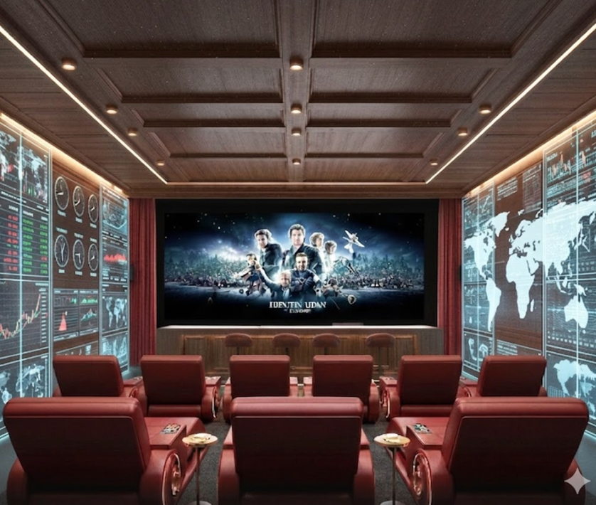 Terra Linda mansion Apex Arena with a giant cinema screen, tiered red leather seating, and illuminated world maps.