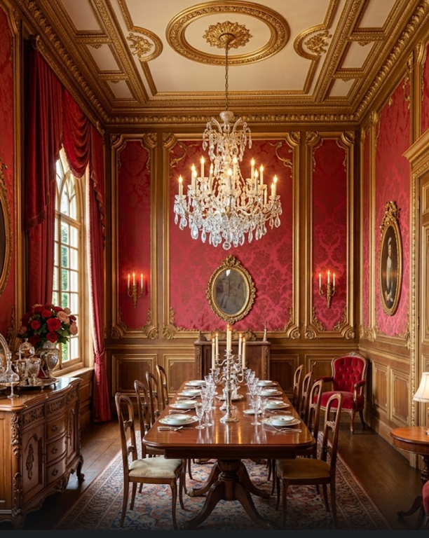 Terra Linda mansion dining room with a long formal table, red damask walls, gilded ceiling, and crystal chandelier.