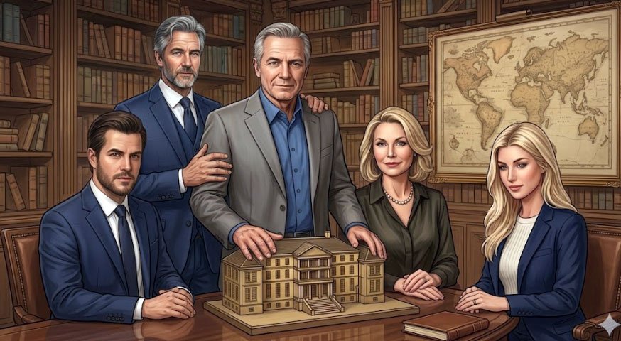 Meet the characters the new novel Tera Linda by Lewis Sommer. Five professionally dressed people in a library with bookshelves and a world map, gathered around a model of a building.