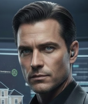 Sterling Vance- The formidable Chief of Security.Close-up of a man with dark hair and blue eyes, wearing an earpiece, with a futuristic digital background.