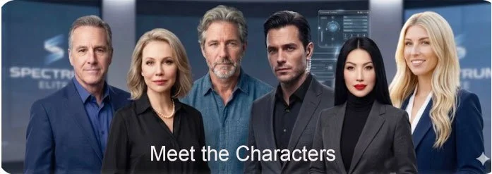 Five diverse characters in a futuristic control room with digital displays, with the caption "Meet the Characters."