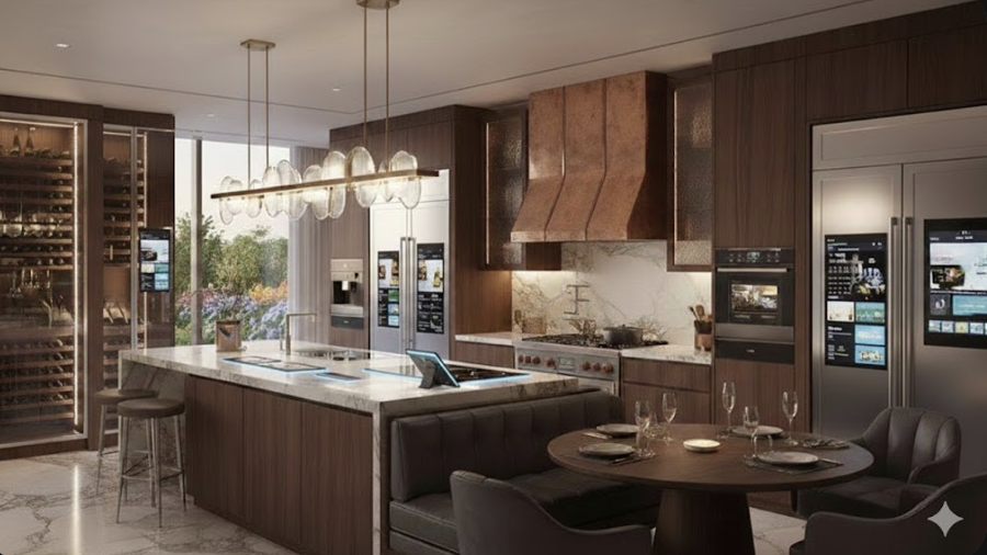 Terra Linda mansion kitchen with dark wood cabinetry, stone counters, and a large central island.
