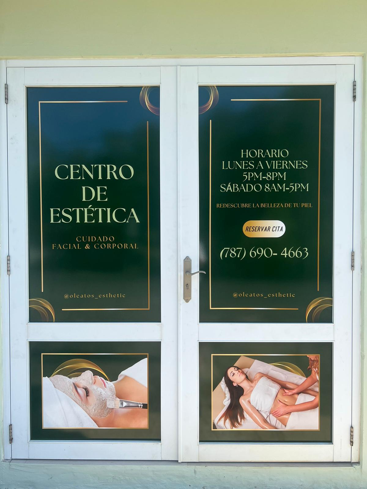 Cartel de un centro de estética con horarios, contacto y fotos de tratamientos faciales y corporales.