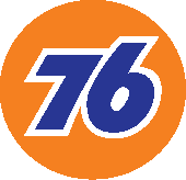 Logo de la marca 76, con número 76 en letras azules y fondo naranja circular.