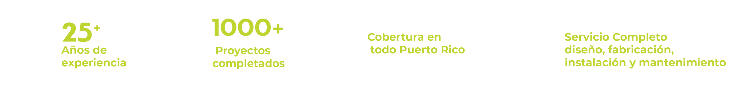 Información de una empresa con iconos y texto en español que destaca más de 25 años de experiencia, más de 1000 proyectos completados, cobertura en todo Puerto Rico y servicio completo de diseño, fabricación, instalación y mantenimiento.