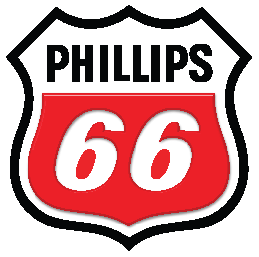 Escudo negro, blanco y rojo con el texto PHILLIPS 66 en letras negras y blancas.