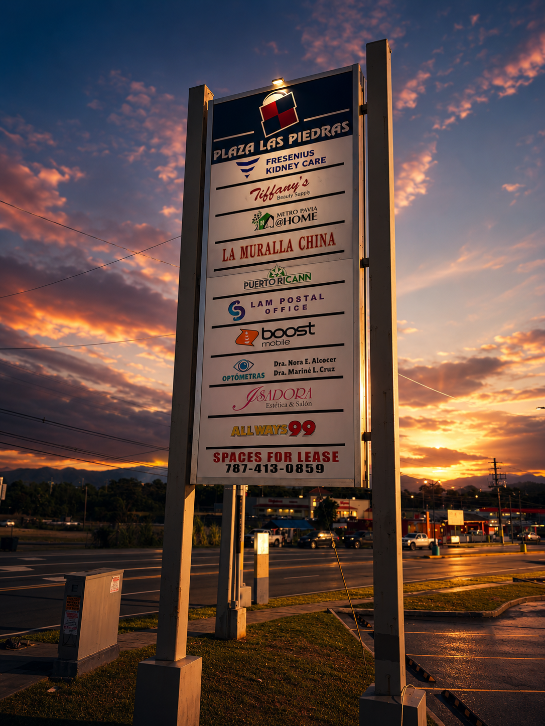 Un cartel publicitario en un estacionamiento con un cielo con nubes al atardecer. El cartel muestra varios negocios, incluyendo una clínica de cuidado renal, una tienda de belleza, una oficina postal, un lugar de venta de teléfonos móviles, un consul