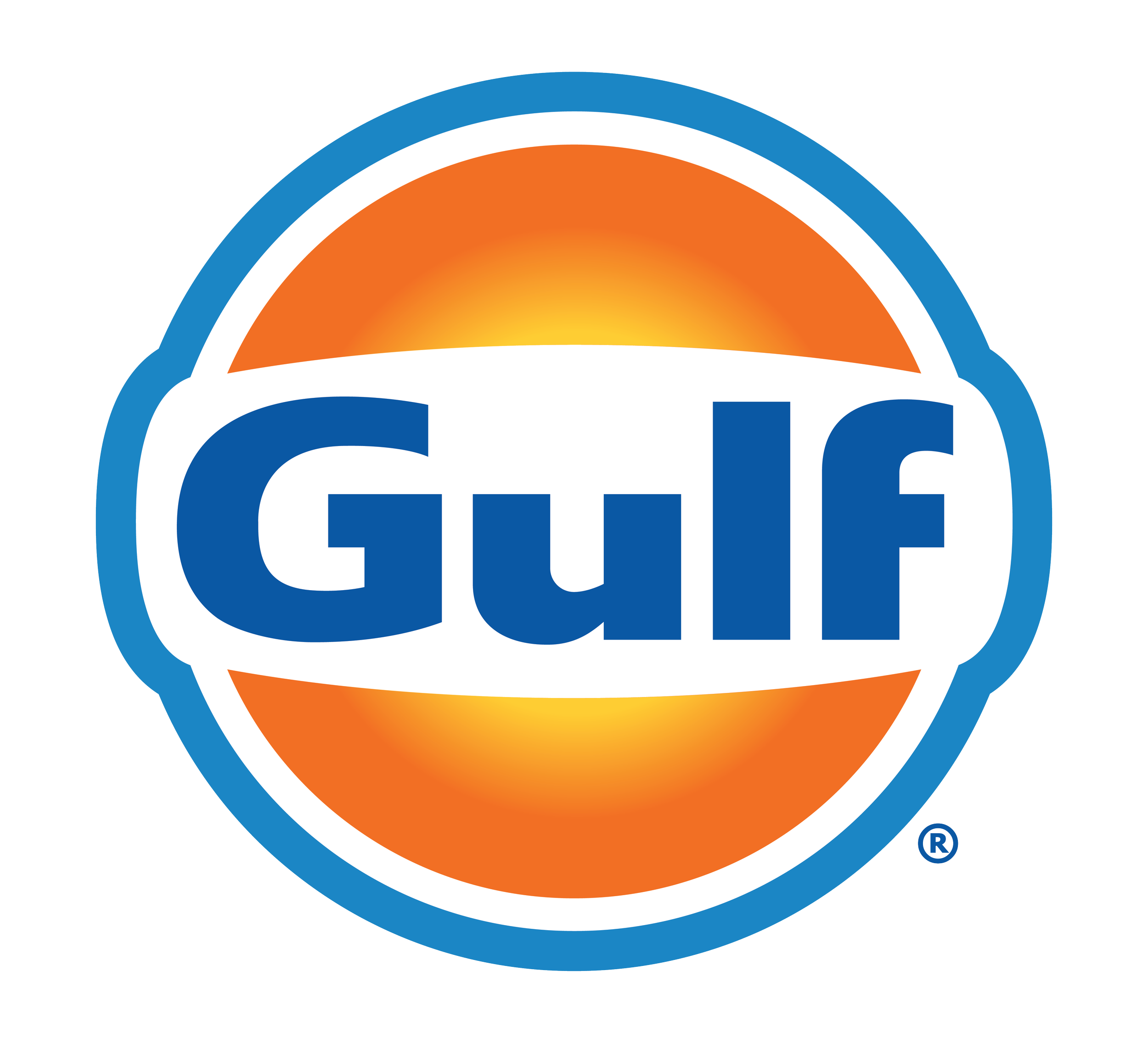 Logotipo de GEICO con texto en color azul, borde azul y un arco en tonos naranja y amarillo