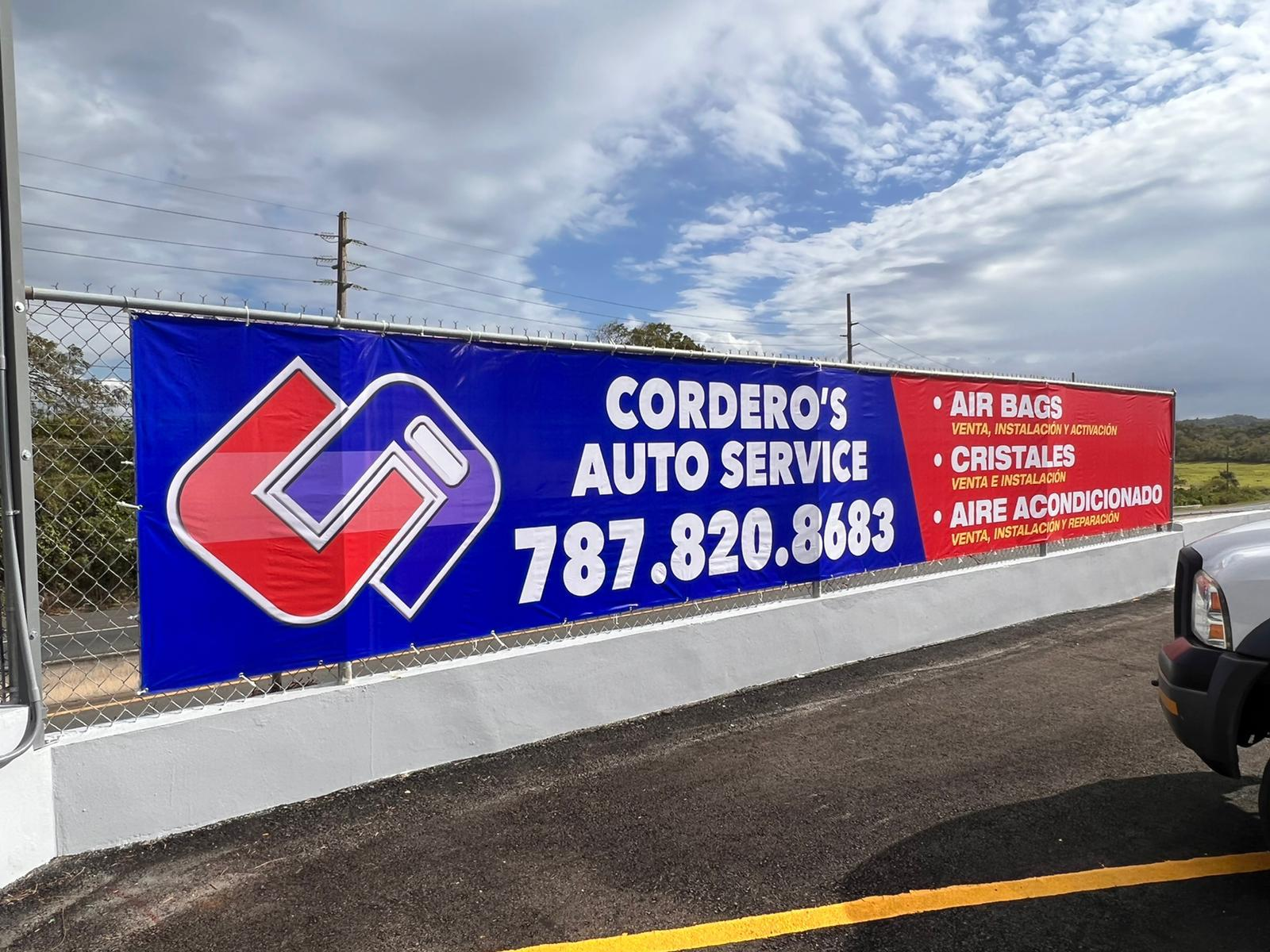 Cartel azul y rojo con texto en español que anuncia servicios de auto reparación. Incluye un logo y el teléfono 787.820.8683. Servicios como bolsas de aire, cristales y aire acondicionado con venta e instalación.