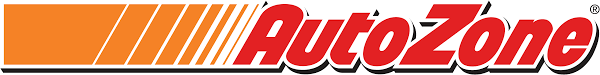 Logotipo de AutoZone con letras rojas y fondo naranja en líneas diagonal